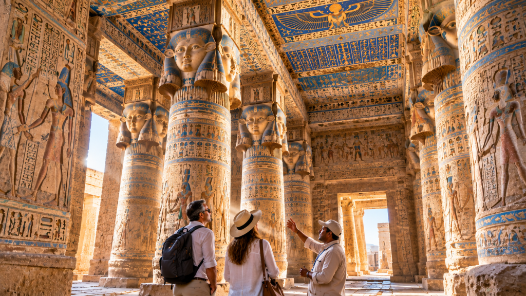 Tourists exploring the Temple of Hathor at Dendera with a private guide during a day trip from Hurghada